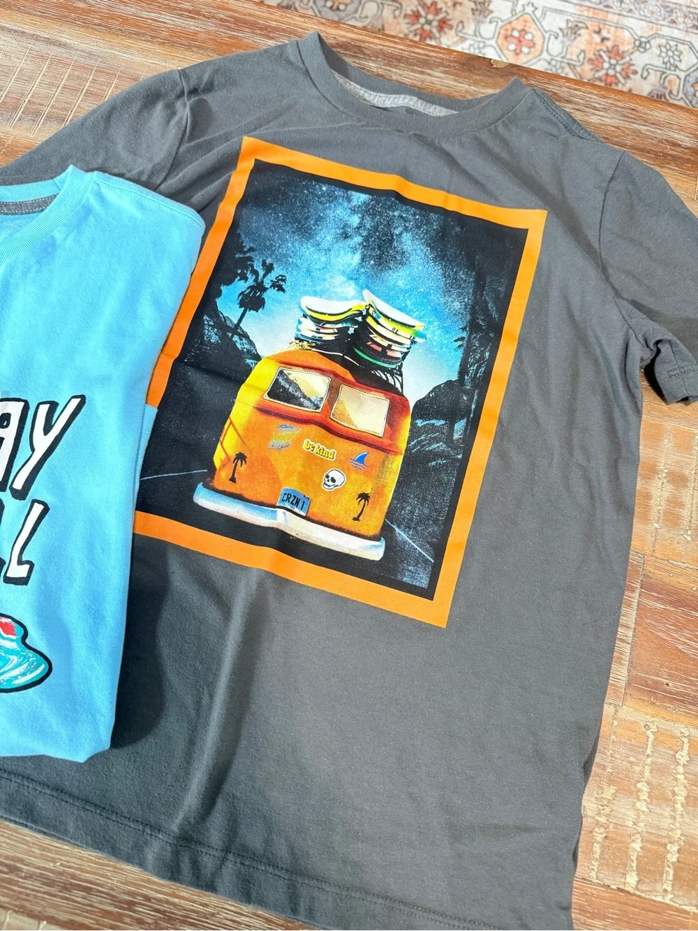 Old Navy Light Blue & Charcoal Graphic Tees - 'Stay Chill' & Van Print